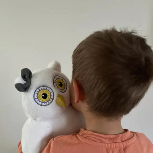 Un enfant fait un câlin à Oli la chouette