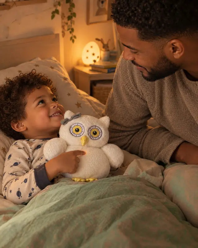 Un papa partage un moment tendre avec son fils et Oli la chouette avant de dormir